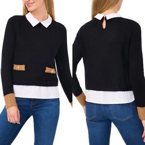 NEW CECE Black & White TWO-FER Collared LAYERED Pocket Detail SWEATER TOP XS